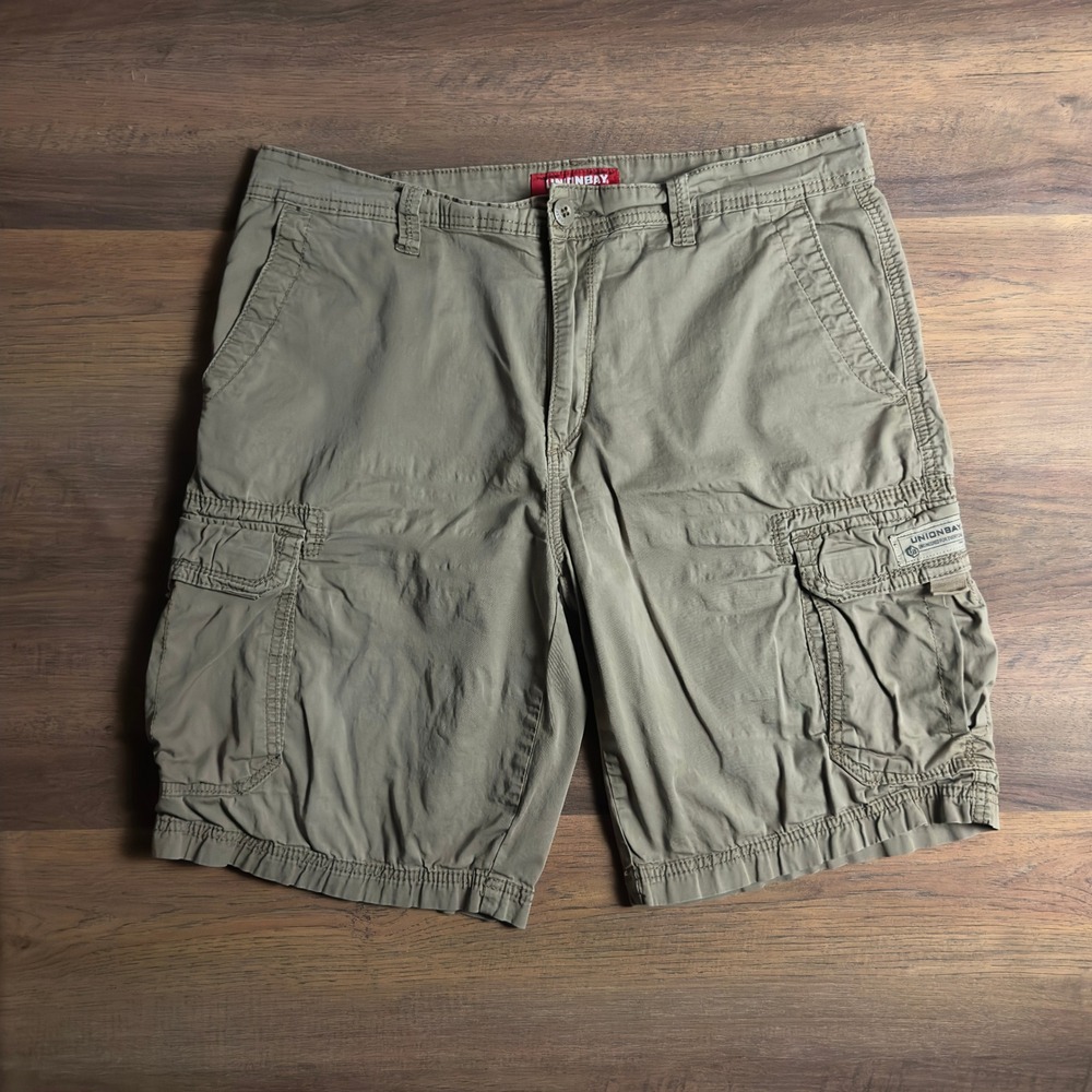 Y2K Unionbay Men Cargo Shorts Size 36 Olive Green Cotton Stretch Utility Hiking